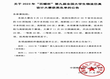 我们学子在2023年“百蝶杯”第九届全国大学生物流仿真设计大赛中荣获特等奖